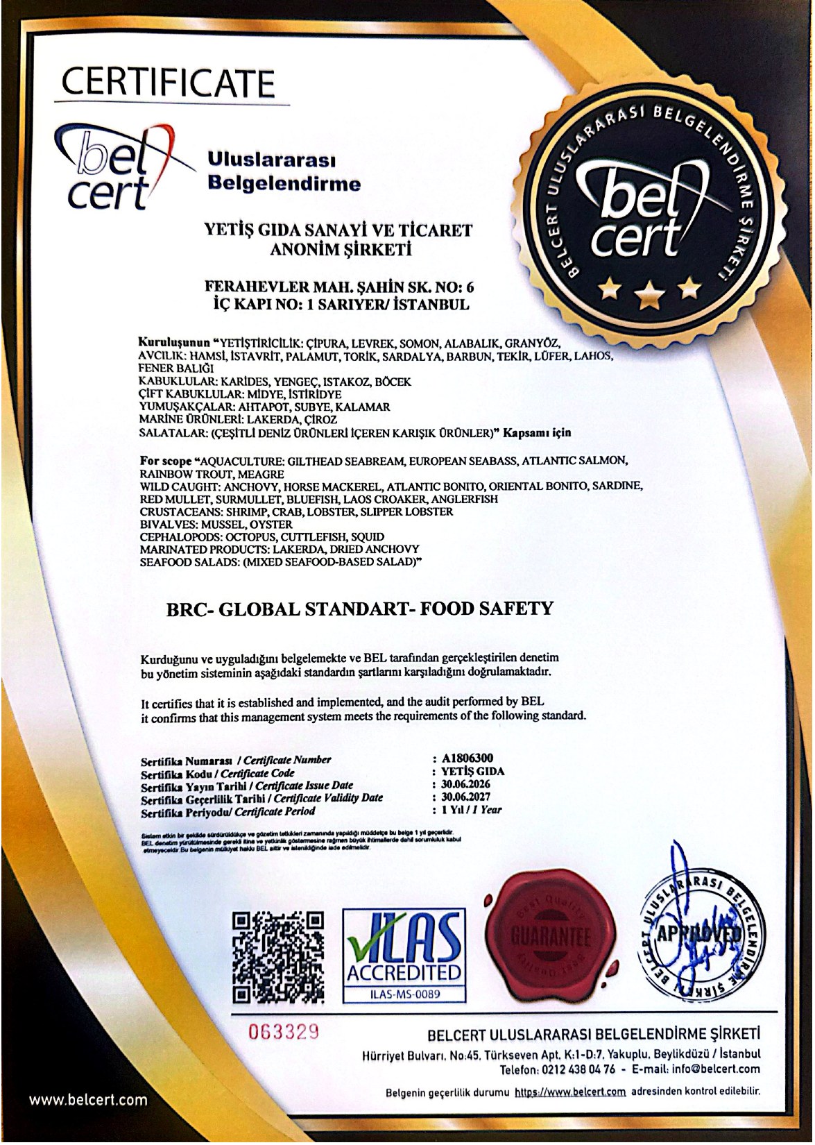 Yetiş Balık BRC Food Safety sertifikası