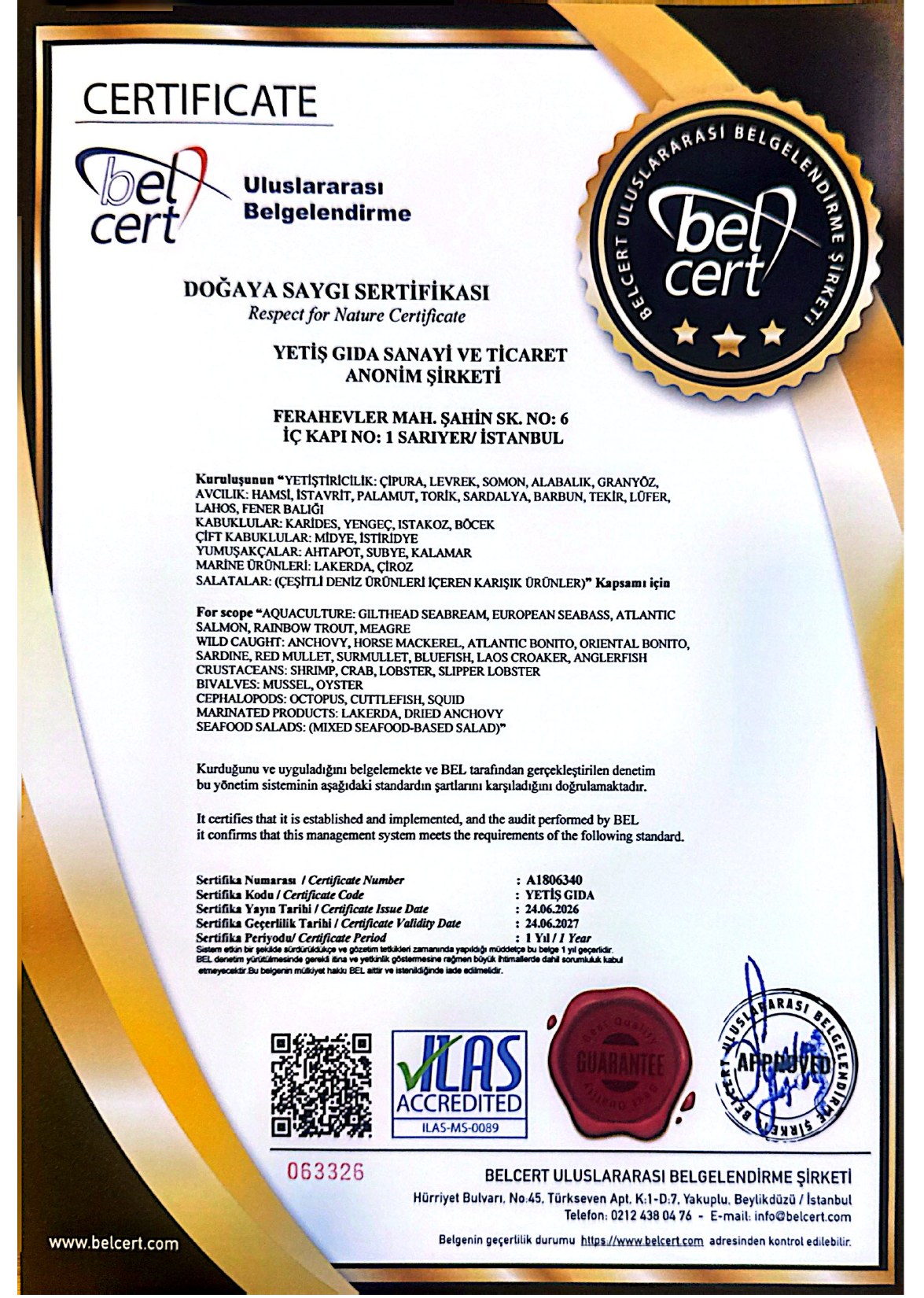 Yetiş Balık Doğaya Saygı Sertifikası sertifikası