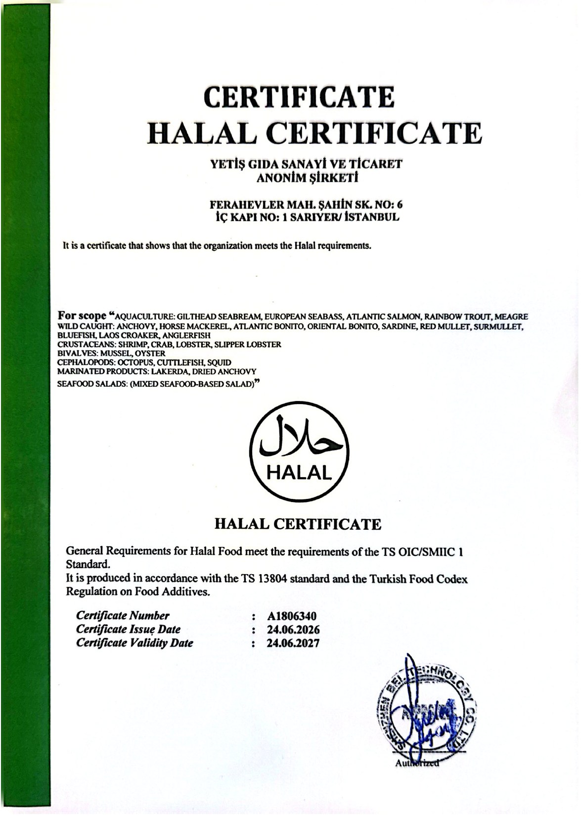 Yetiş Balık Helal Sertifikası sertifikası