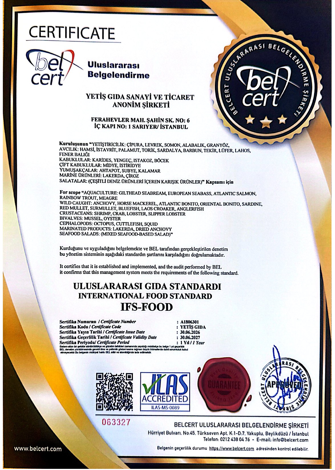Yetiş Balık IFS Food sertifikası