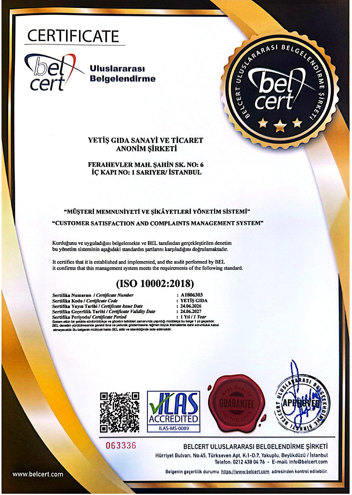 Yetiş Balık ISO 10002:2018 sertifikası