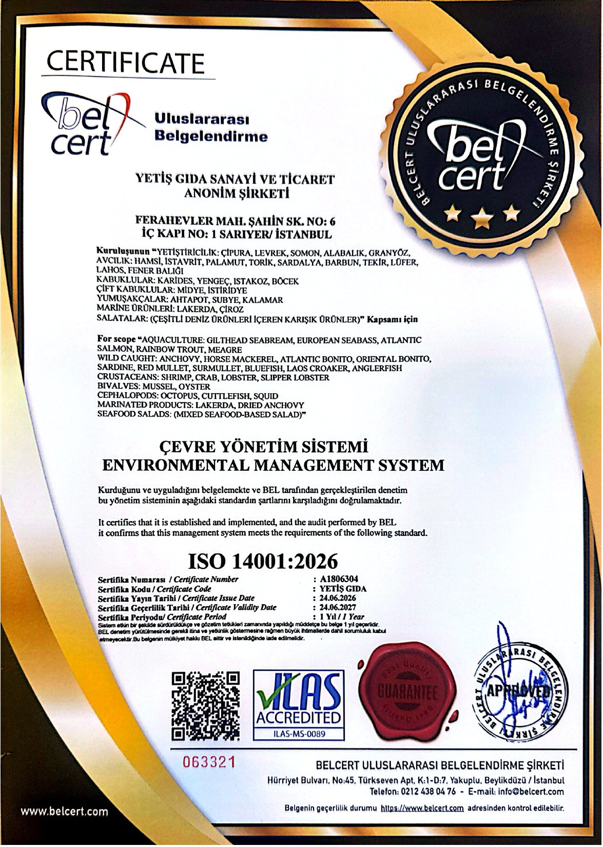 Yetiş Balık ISO 14001:2026 sertifikası