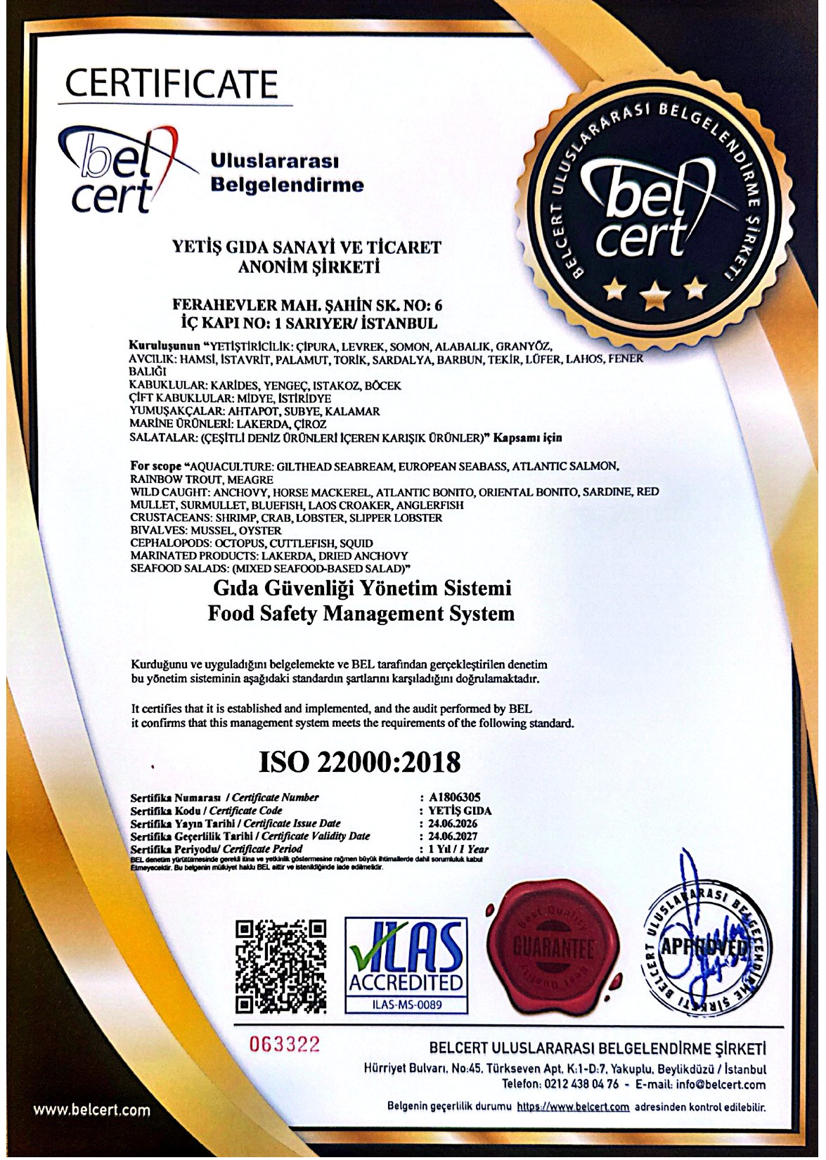 Yetiş Balık ISO 22000:2018 sertifikası