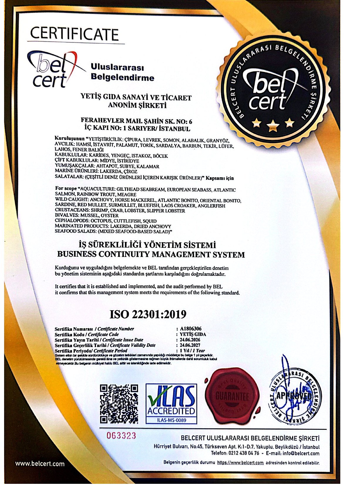 Yetiş Balık ISO 22301:2019 sertifikası