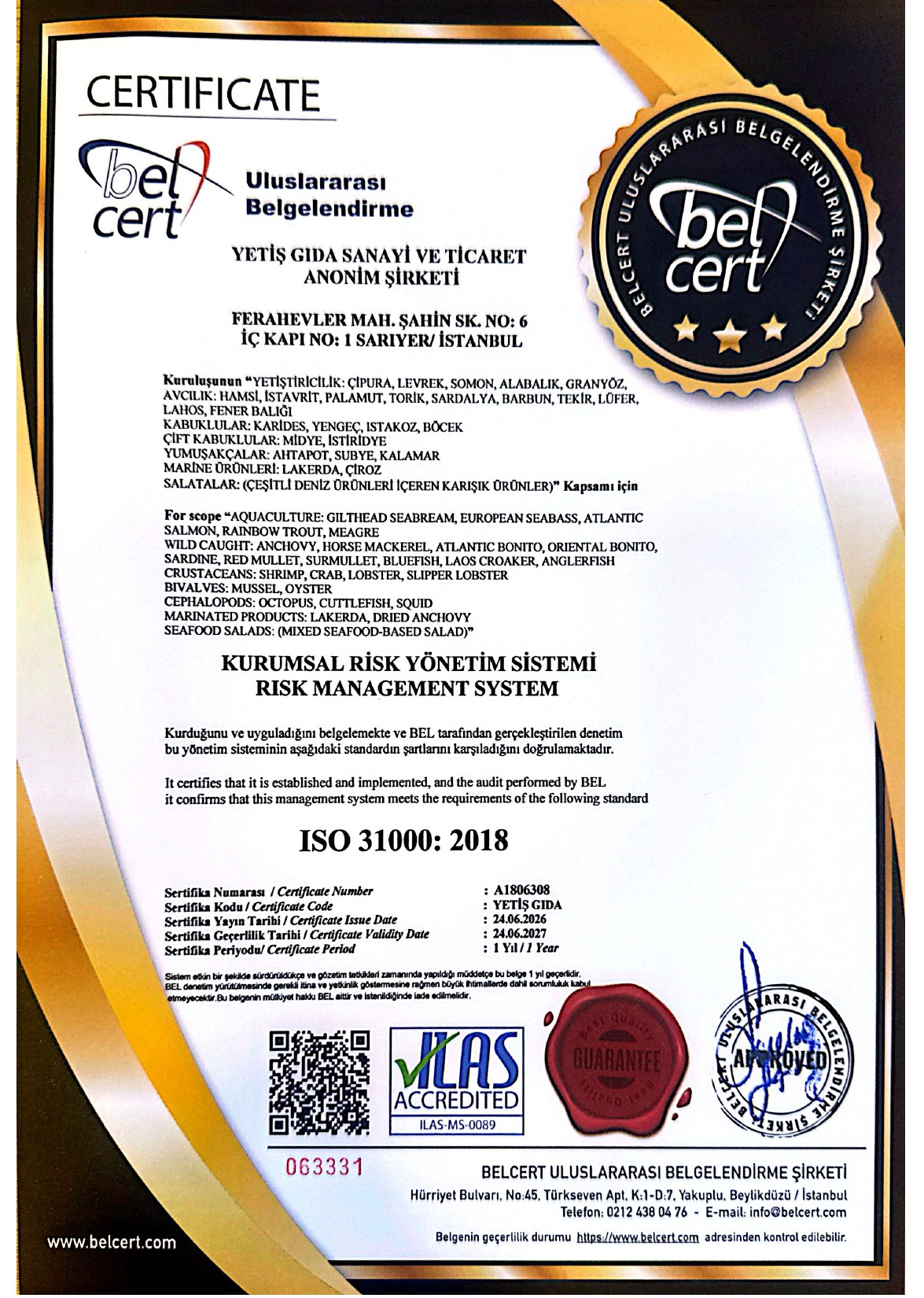 Yetiş Balık ISO 31000:2018 sertifikası