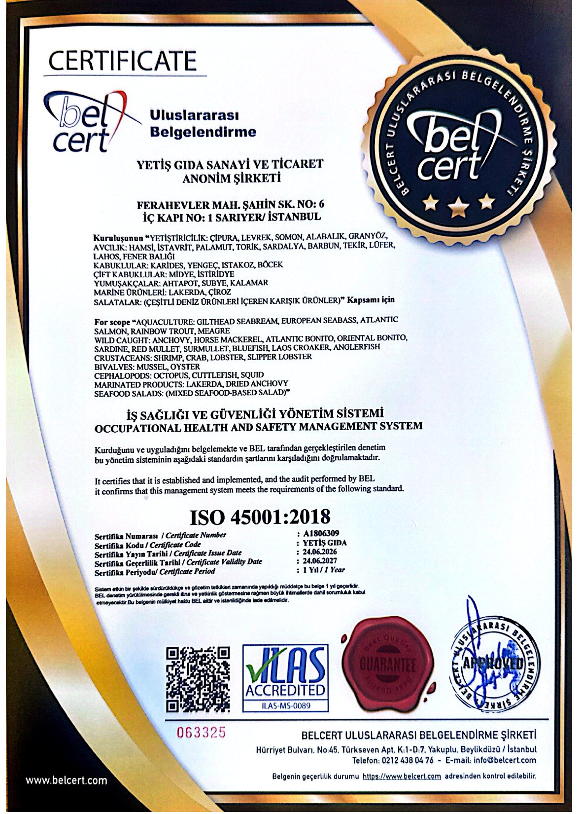 Yetiş Balık ISO 45001:2018 sertifikası