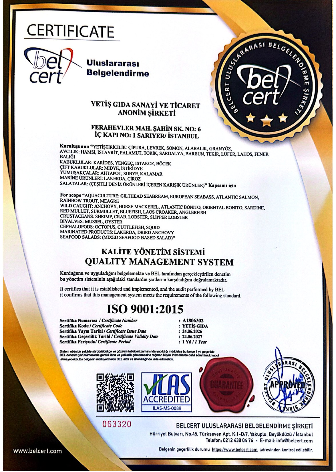 Yetiş Balık ISO 9001:2015 sertifikası